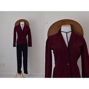 80s Vintage Burgundy Plaid Fitted Poly/Cotton‎ Corduroy Jacket